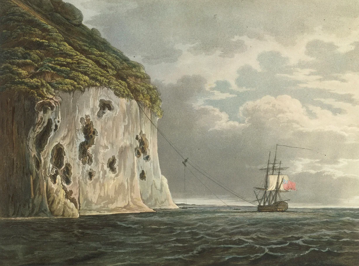 Picturesque Views of the Diamond Rock... South East View of the Diamond Rock, with the Cannon being hauled up from the Centaur by the Cable
Materials: aquatint & etching, coloured
Measurements: Sheet: 470 x 590 mm; Mount: 607 mm x 836 mm
PAH9544