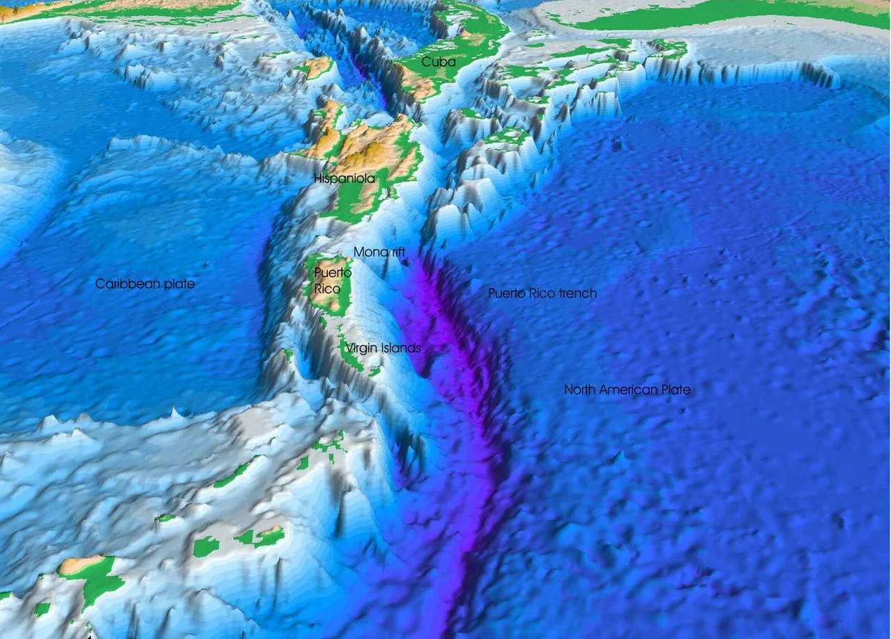 Perspective view of the sea floor of the Atlantic Ocean and the Caribbean Sea, looking west. The Lesser Antilles are on the lower left side of the view and Florida is on the upper right. The purple sea floor at the center of the view is the Puerto Rico trench, the deepest part of the Atlantic Ocean and the Caribbean Sea.