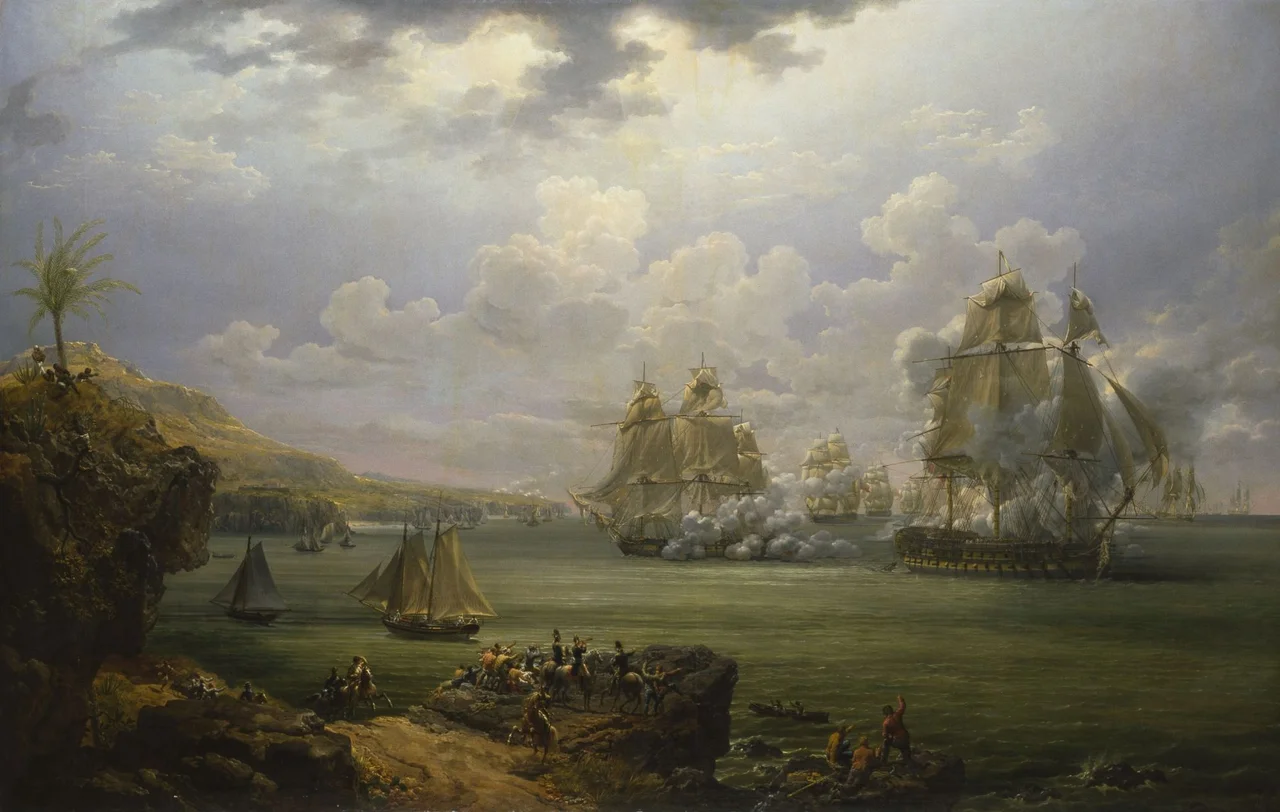 French frigatePoursuivante, a detail of a larger canvas: Combat de la Poursuivante contre l'Hercule, 1803 ("Fight of the Poursuivante against the Hercule", 1803). Which shows the French frigate Poursuivante raking the British ship HMS Hercule, in the action of 28 June 1803.