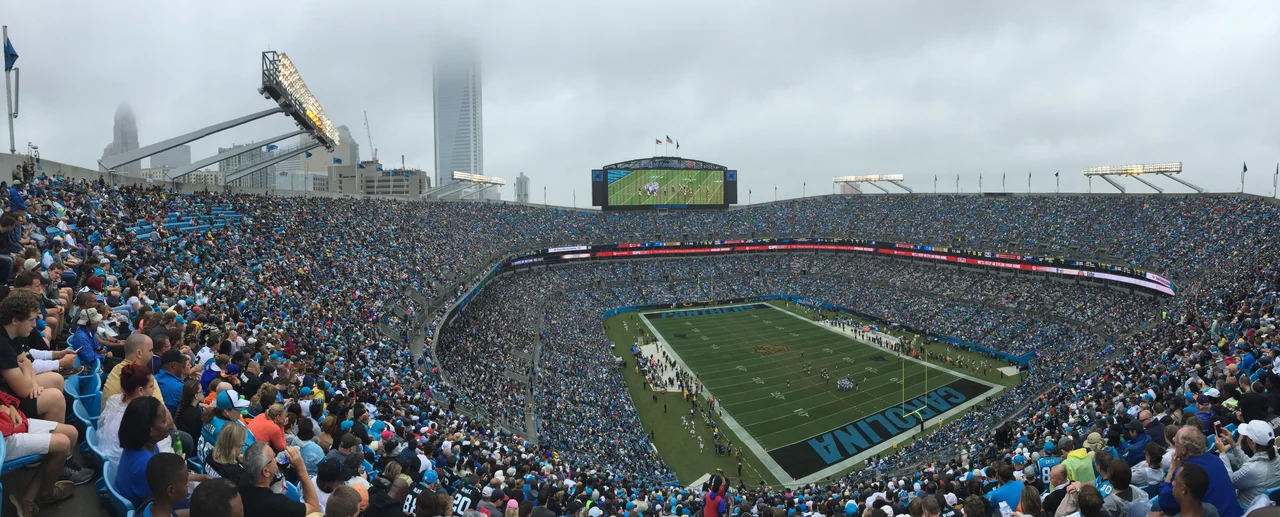 Aerial view of Bank of America Stadium in Charlotte, North Carolina. Home to the Carolina Panthers and Charlotte FC.