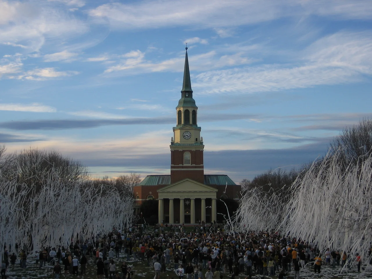 I took this picture on Saturday, December 2, 2006 after Wake Forest beat Georgia Tech for the ACC Championship. I release it to the public and all that...
This is essentially what happens after Wake Forest wins a big sporting event and it involves students throwing toilet paper on the trees on the quad (Hearn Plaza).