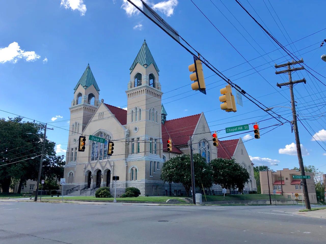 This is the Duke Memorial United Methodist Church, located on West Chapel Hill Street in Durham, North Carolina.  It was constructed in 1907 and listed on the National Register of Historic Places in 1985.