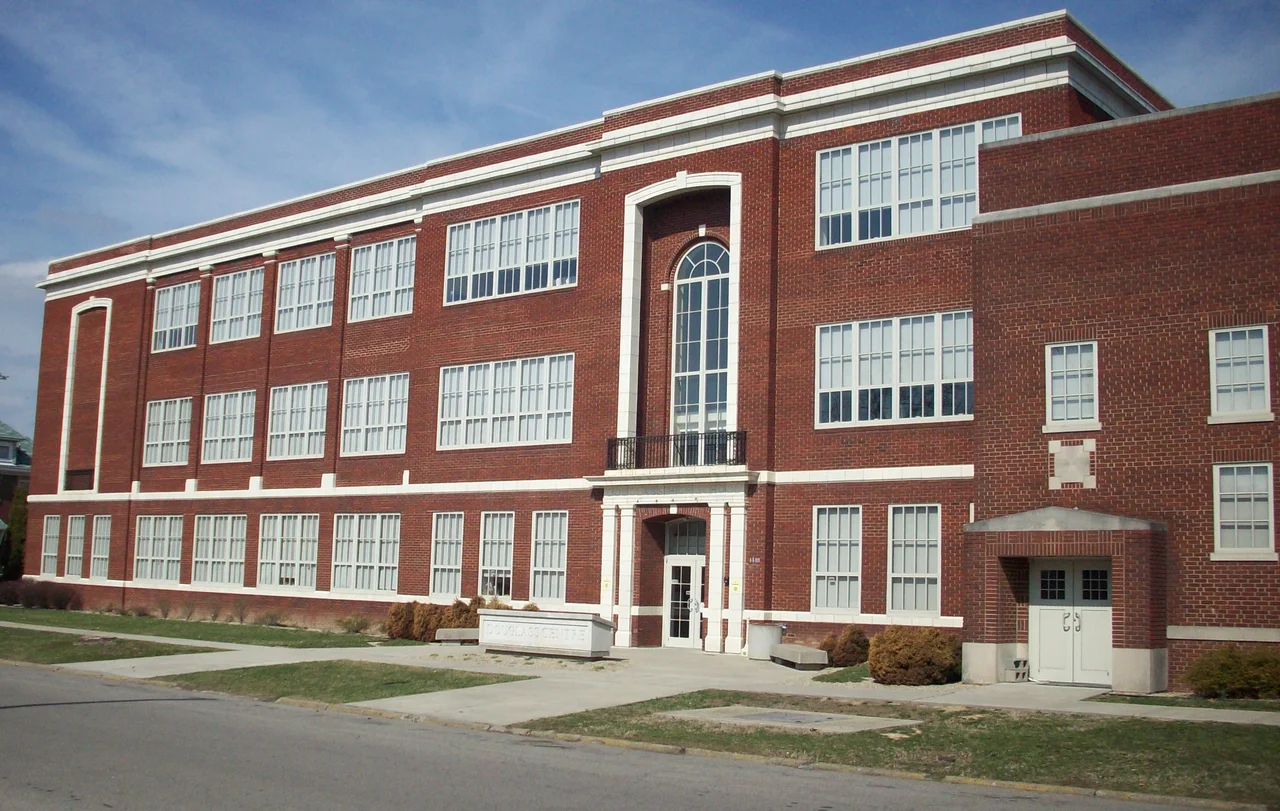 Photo of the Douglass High School building located in the Fairfield West neighborhood of Huntington, West Virginia. The photo was taken from across 10th Ave. The building is now a community center and was the segregation-era high school for African Americans in the city.