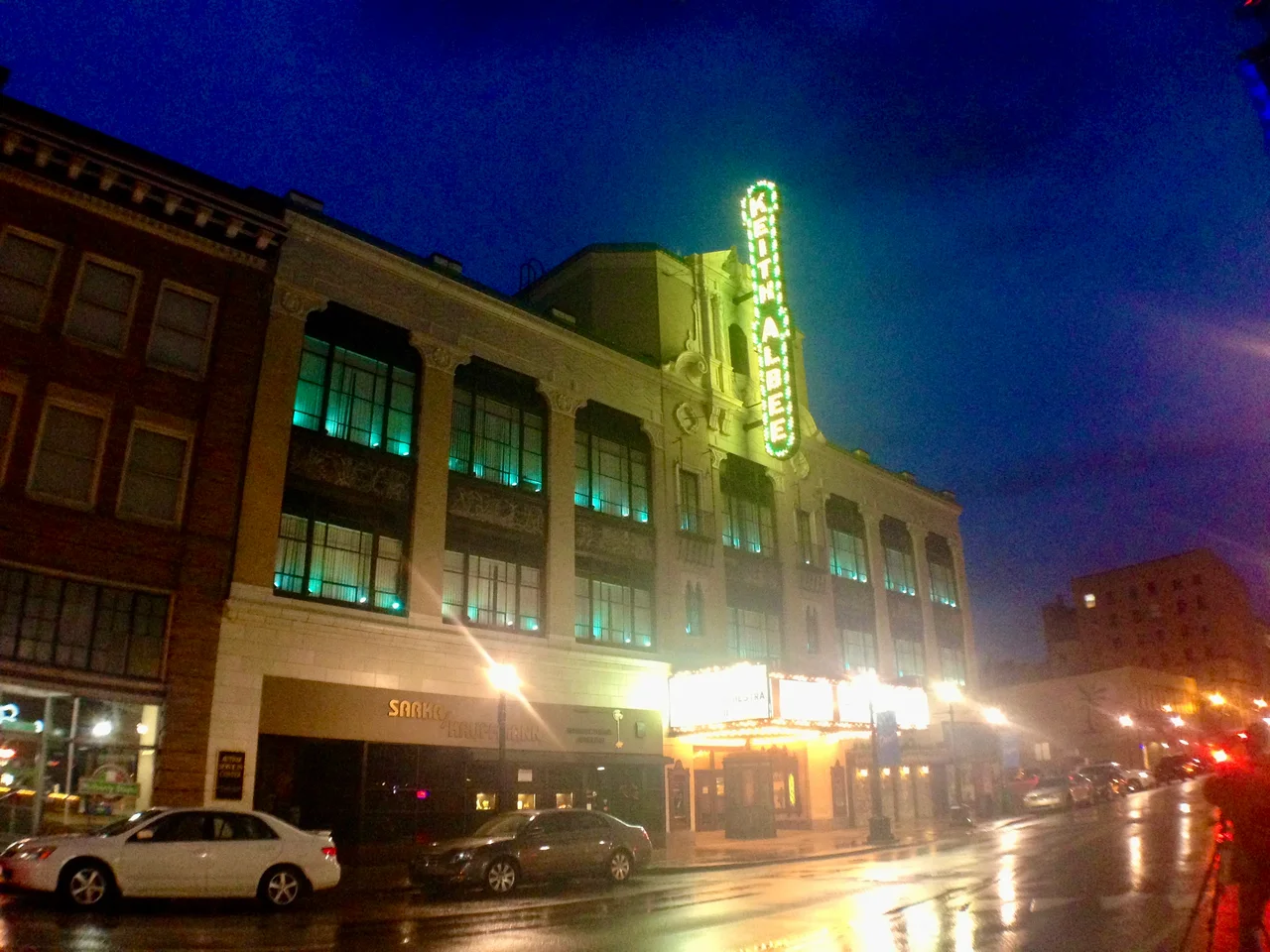 The Keith-Albee Performing Arts Center (formerly the Keith Albee Theatre) at night.
