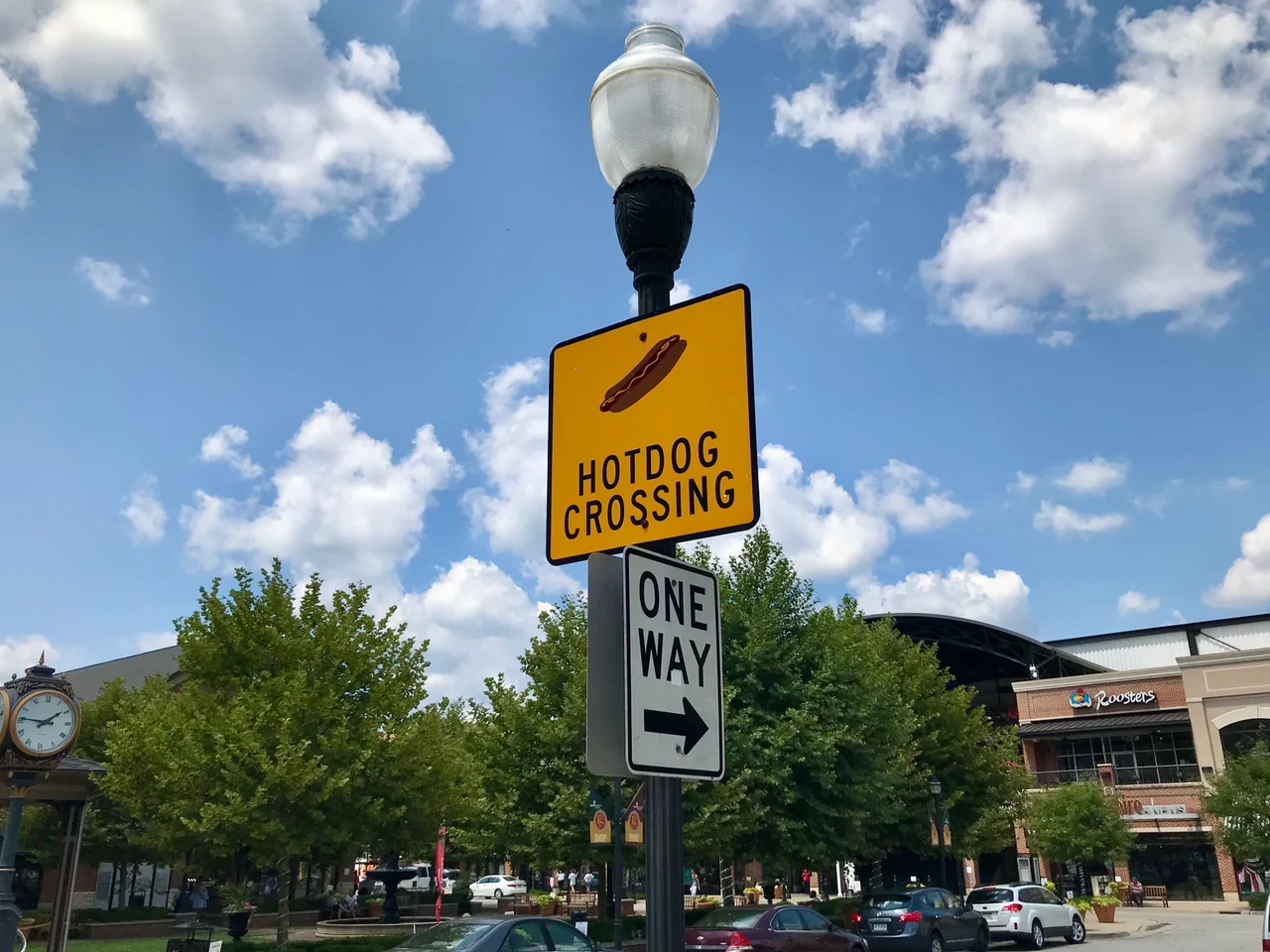 Hot Dog Crossing sign at Pullman Square in downtown Huntington, WV in 2018.