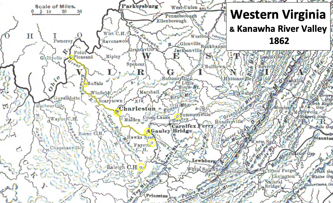 Map shows western Virginia (eventually West Virginia) in 1862, with the Kanawha River Valley and nearby important points highlighted. In 1862 during the American Civil War, a group of small battles were fought in the region, including at Charleston.