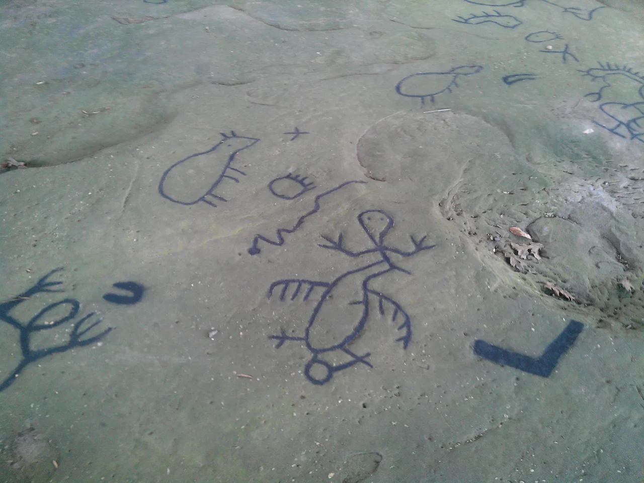 Comprehensive view from the north of the Leo Petroglyph, located west of Leo in Jackson Township, Jackson County, Ohio, United States. Carved by the prehistoric Fort Ancient culture, it is listed on the National Register of Historic Places.