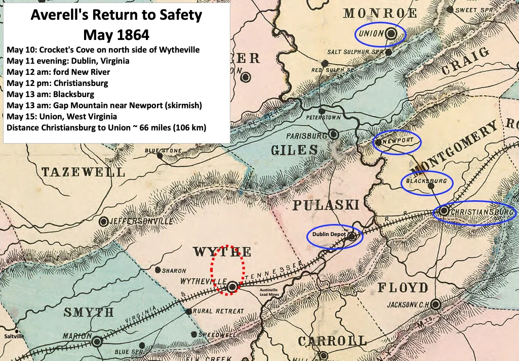 After the Battle of Cover Mountain in the American Civil War, Union General William W. Averell led his force to the Virginia & Tennessee Railroad. After destroying a small segment of the rail line, he began a difficult route north in rain and mountainous terrain while pursued by Confederate forces.