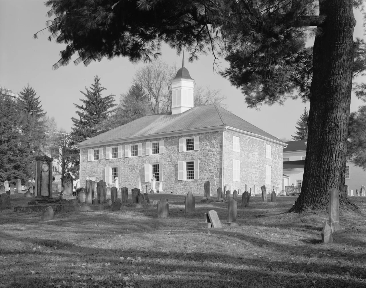Rear of the Old Stone Church, located at the intersection of Church and Foster Streets in Lewisburg, West Virginia, United States.  Built in 1796, it is listed on the National Register of Historic Places.
