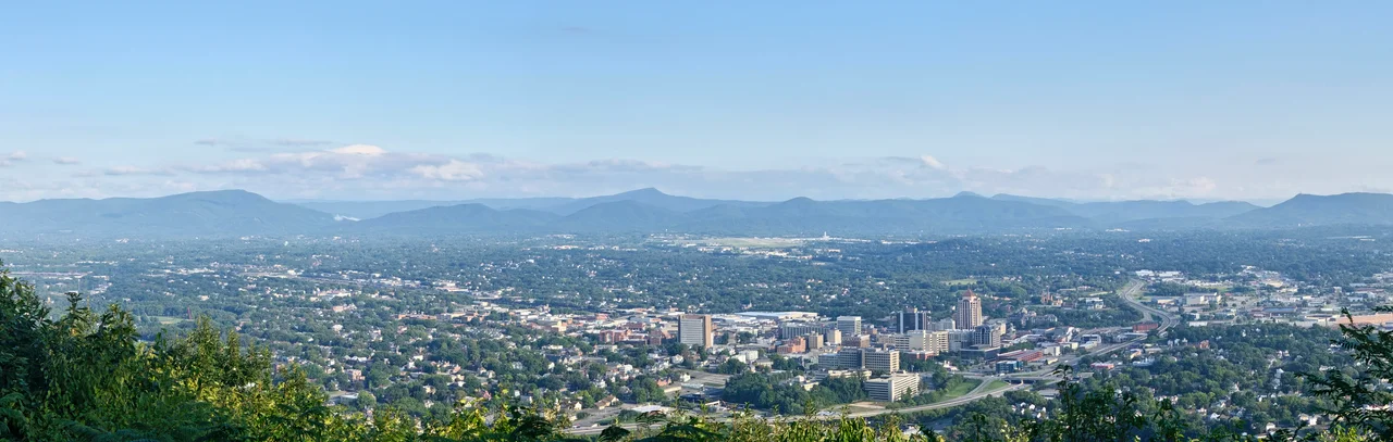 Roanoke City as seen from Mill Mountain Star at dusk in Virginia, USA.