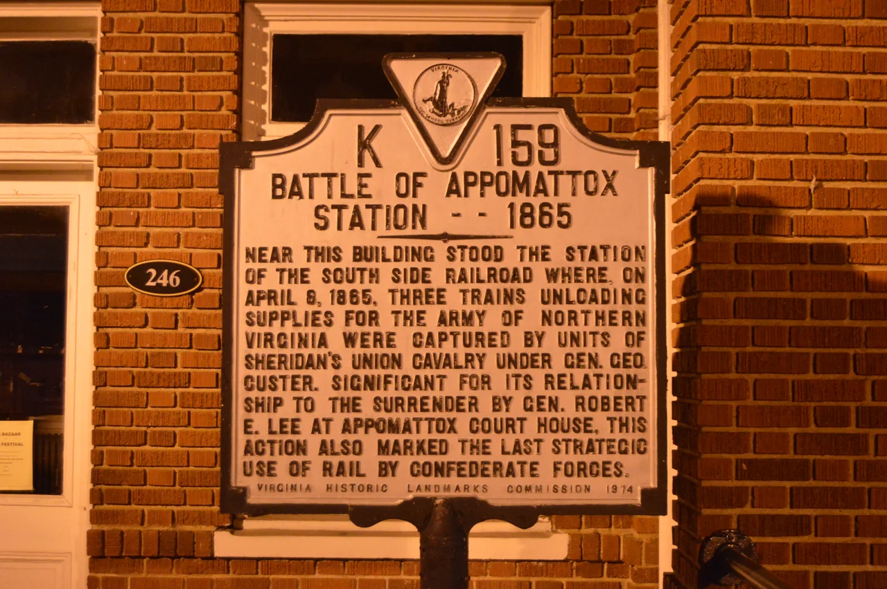 Historical marker located in front of the rail depot, on Main Street just west of Church Street, in central Appomattox, Virginia, United States.