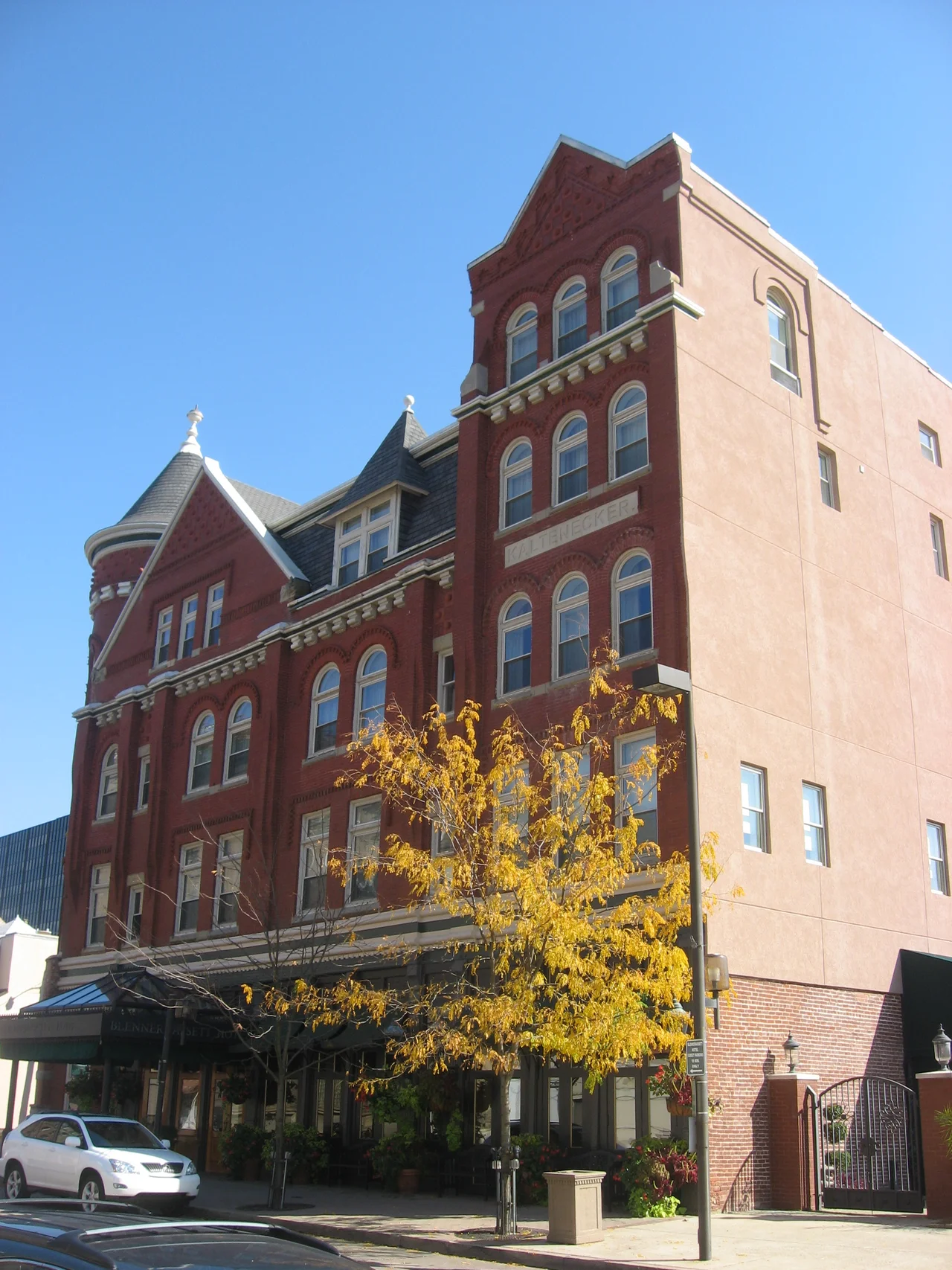 Front and southern side of the Blennerhassett Hotel, located at 316 Market Street at the West Virginia Route 14 intersection in Parkersburg, West Virginia, United States. Built in 1889, it is listed on the National Register of Historic Places.