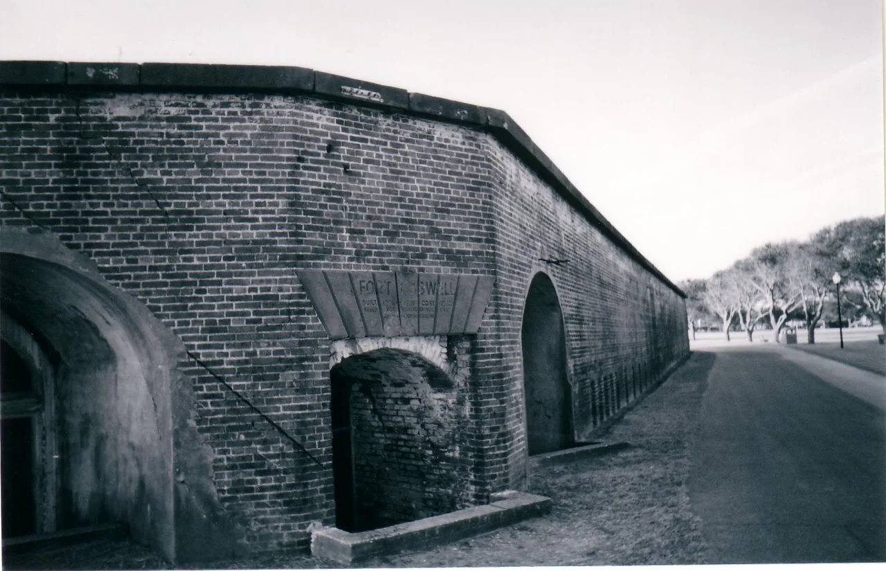 The entrance to Fort Caswell on the grounds of the NC Baptist Assembly. Taken with a Kodak point-and-shoot 35mm camera with black and white film.