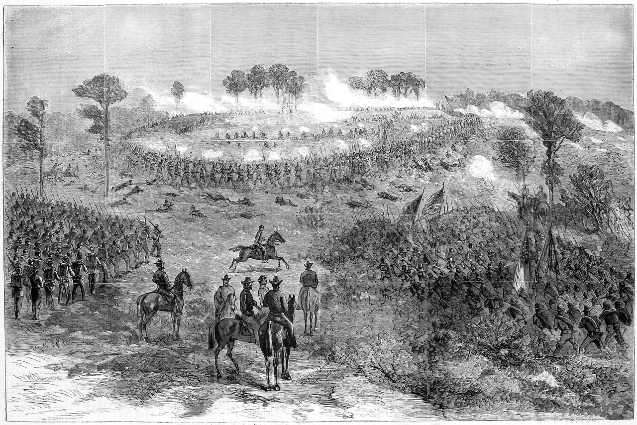 Image captioned "Grant's Campaign - The Battle at Chapin's [sic] Farm, September 29, 1864.-Sketched by William Waud.-[See page 684]". The text on page 684 describes the image as the assault on Fort Harrison in Henrico County, Virginia. (image cropped and cleaned)