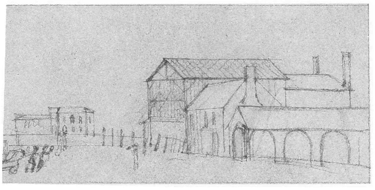 Drawing of the Old Richmond Theatre (built 1786) from c.1797-98 by architect Benjamin Henry Latrobe.