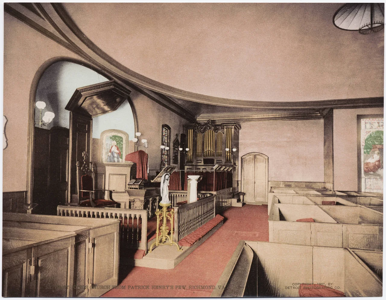 A photochrom postcard published by the Detroit Photographic Company. Interior of St. John's Episcopal Church, Richmond, Virginia, as seen from the pew of statesman Patrick Henry.