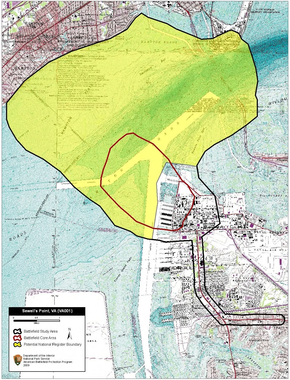 Map of battlefield core and study areas.
The revised Study Area includes the Union base of operations at Fort Monroe, shipping lanes, areas of maneuver for the Union gunboats, and the route used to supply the Confederate batteries on Sewell’s Point.