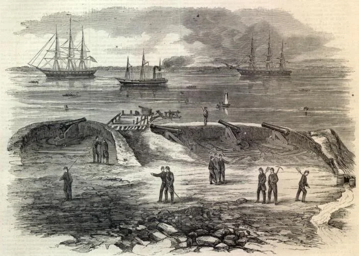 USS Cumberland and USS Congress at Newport News Point, Hampton Roads, shortly before the March 8-9, 1862 battle of Hampton Roads.  From Harper's Weekly.
Harper's Weekly March 22, 1862. Page 181.

Ships shown: Congress; Cumberland.