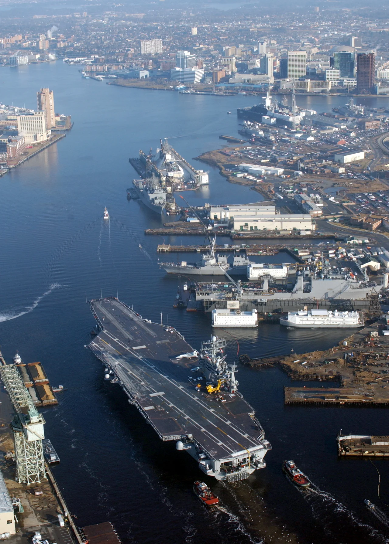 Portsmouth, Va. (Feb. 13, 2004) – The nuclear powered aircraft carrier USS Harry S. Truman (CVN-75) transits the Elizabeth River following completion of a six-month Planned Incremental Availability (PIA) at Norfolk Naval Shipyard. Truman completed her yard period a week ahead of schedule and 4 million dollars under budget.