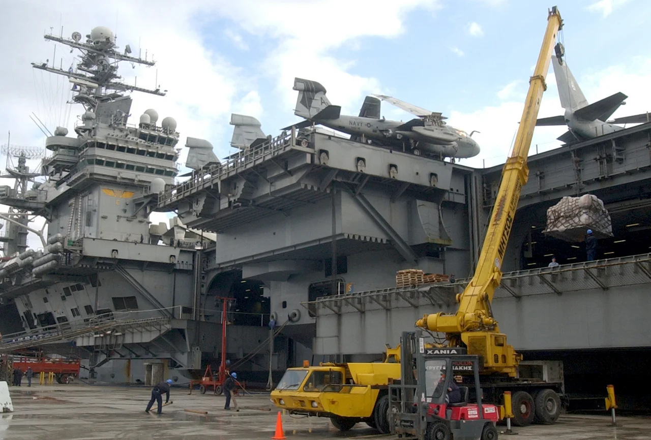 Souda Bay, Crete, Greece (Mar. 4, 2003) – USS Theodore Roosevelt (CVN 71) receives cargo while pierside at the NATO Marathi Pier Facility. The aircraft carrier is currently on a regularly scheduled deployment in support of Operation Enduring Freedom.