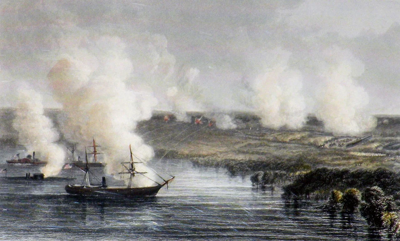 Union gunboats lobbing missiles onto the battlefield at Malvern Hill, Virginia