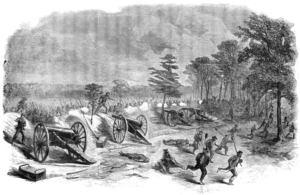 Image captioned "General Grant's Campaign - Capture of Four Twenty-Pound Parrot Guns By Miles's Brigade, Barlow's Division, July 27, 1864." (image cropped and cleaned)