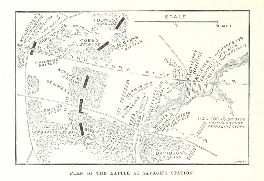 Plan of the Battle of Savage Station
Image taken from page 398 of 'Battles and Leaders of the Civil War, being for the most part contributions by Union and Confederate officers, based upon “the Century War Series.” Edited by R. U. J. and C. C. B., etc. [Illustrated.]'
Image taken from:
Title: "Battles and Leaders of the Civil War, being for the most part contributions by Union and Confederate officers, based upon “the Century War Series.” Edited by R. U. J. and C. C. B., etc. [Illustrated.]"
Author: JOHNSON, Robert Underwood - and BUEL (Clarence Clough)
Contributor: BUEL, Clarence Clough.
Shelfmark: "British Library HMNTS 9605.f.13."
Volume: 02
Page: 398
Place of Publishing: 4 vol. The Century Co.: New York, 1887, 8º
Date of Publishing: 1887
Issuance: monographic

Identifier: 001886779