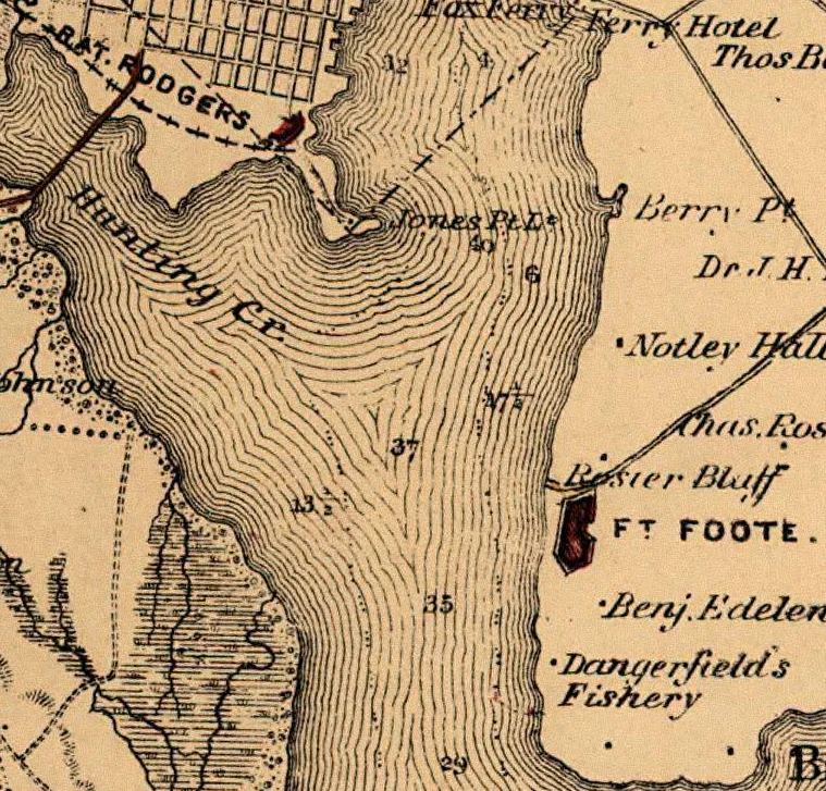 Closeup of 1865 U.S. War Department map of the defenses of Washington, D.C. Closeup shows Battery Rodgers and Fort Foote guarding the Potomac approaches to Washington.