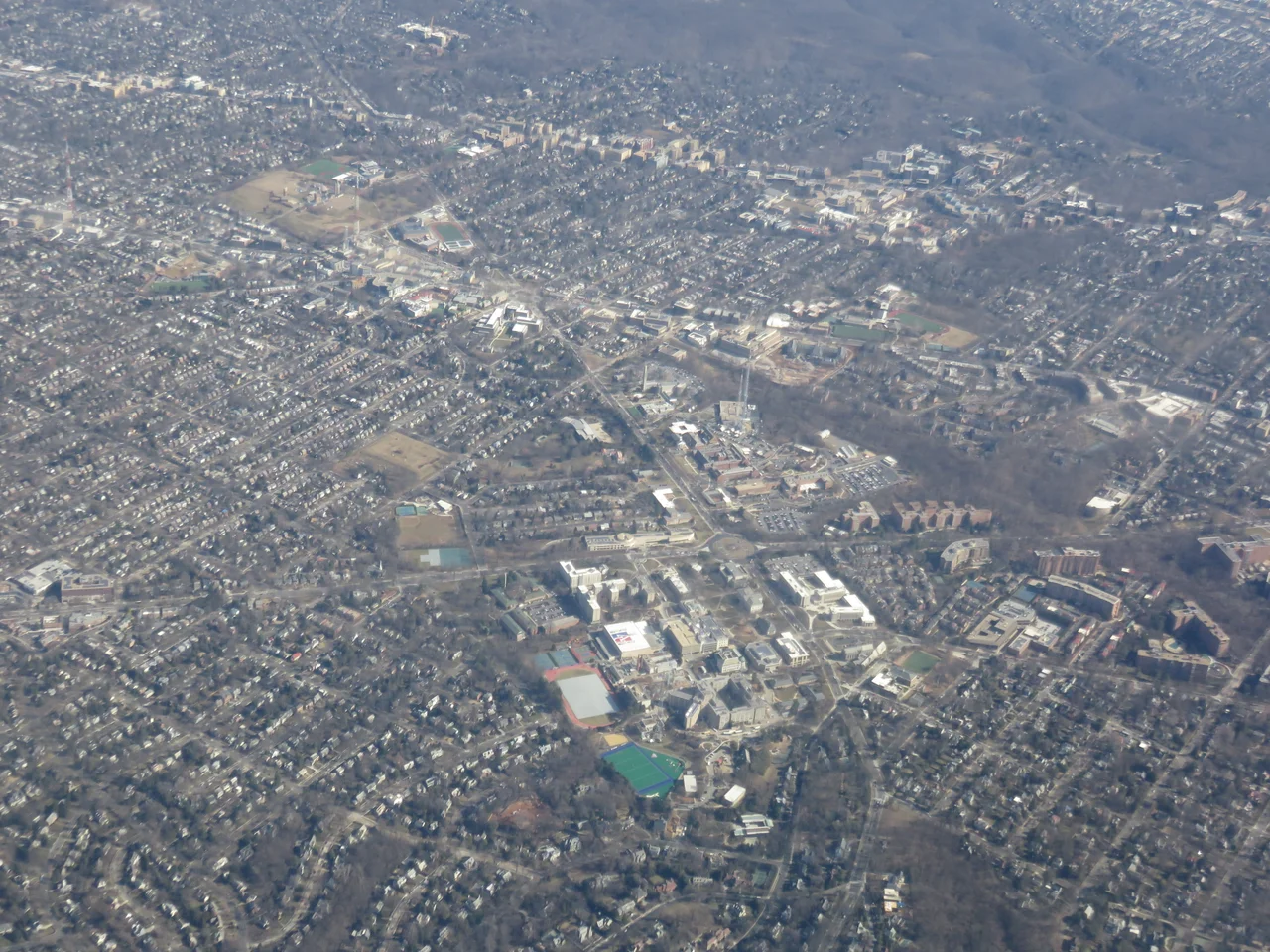 Aerial view of w:Tenleytown, Washington, DC, including the American University campus, in 2019
