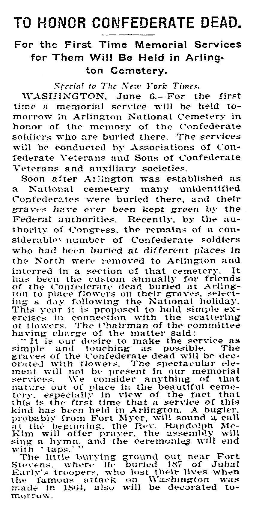"To Honor Confederate Dead; For the First Time Memorial Services for Them Will Be Held in Arlington Cemetery" News article on the 1903 commemoration of Confederate Memorial Day June 7, 1903, at Arlington National Cemetery