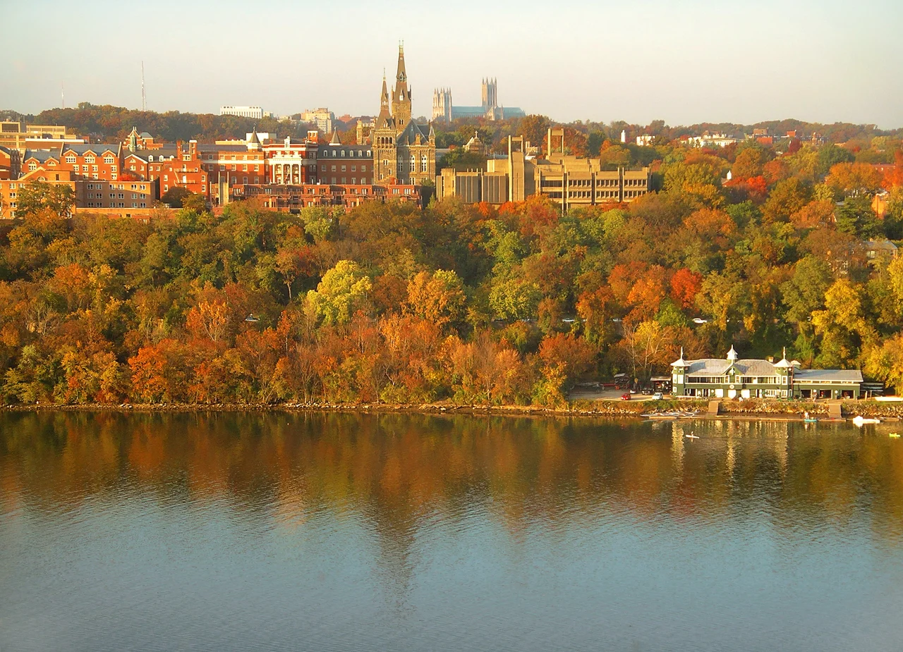 Georgetown University's main campus taken from the top floor of the Key Bridge Marriott.  Washington National Cathedral is visible above campus, and the Washington Canoe Club is in the lower right, on the Potomac River.