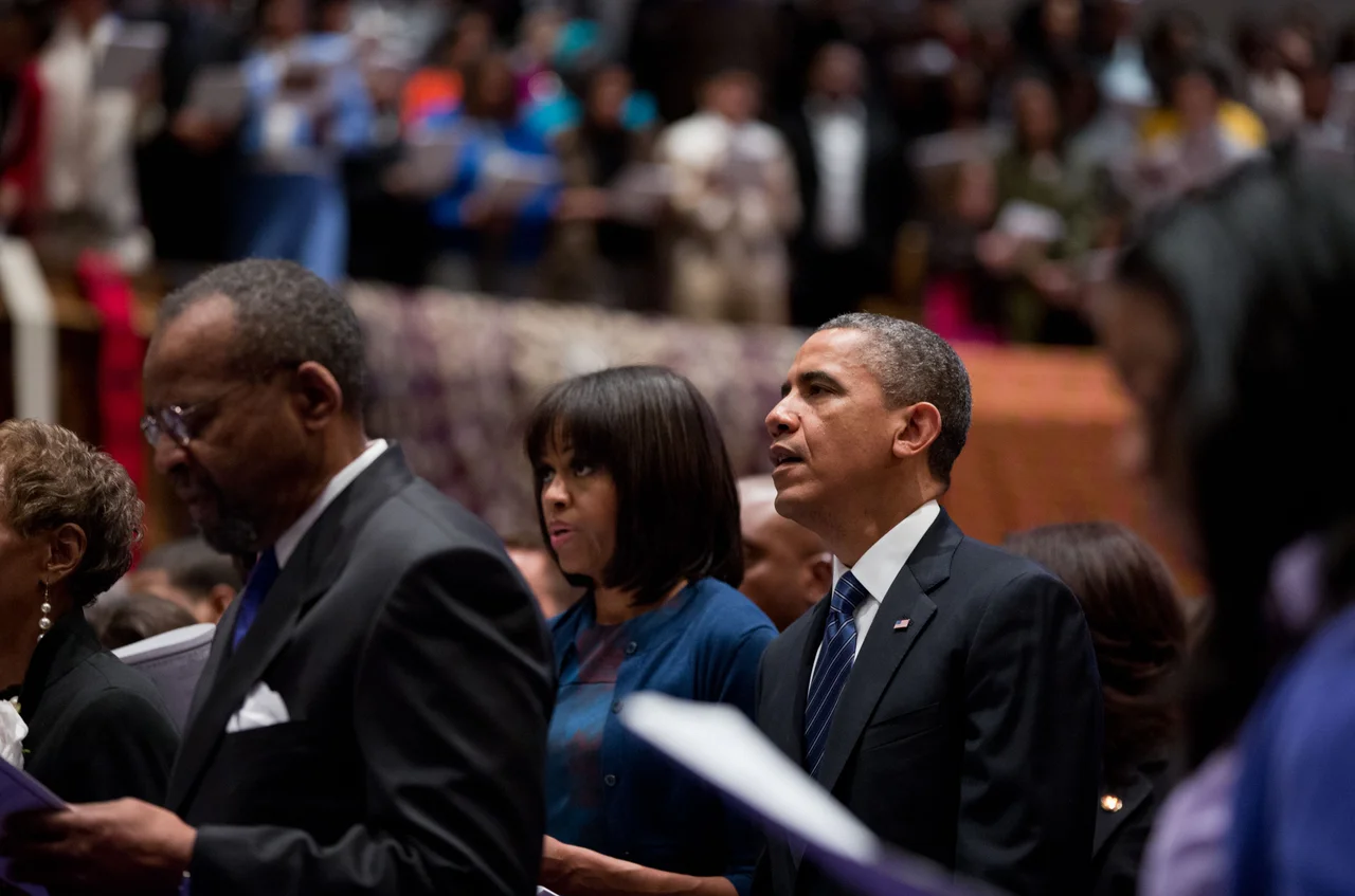 United States President Barack Obama and First Lady Michelle Obama attend a church service at Metropolitan African Methodist Episcopal Church in Washington, D.C., on Inauguration Day, Sunday, 20 January 2013.