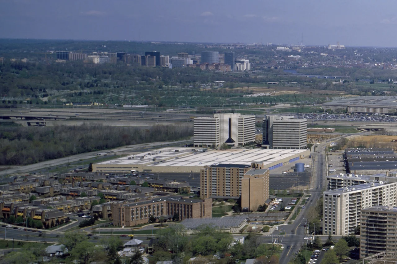 Aerial photo of Pentagon City in Arlington, Virginia, 1980's. Cropped photo.
