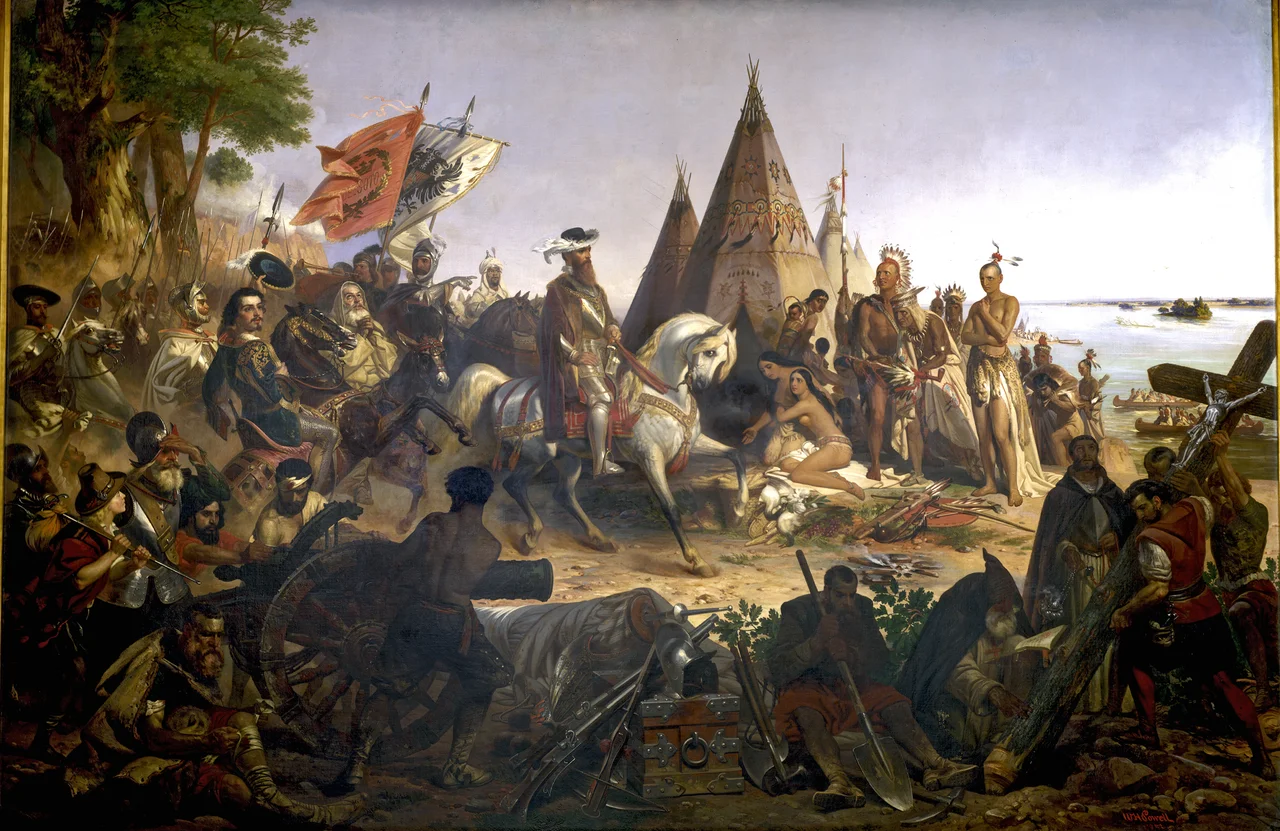 William H. Powell was the last artist to be commissioned by the Congress for a painting in the Rotunda. His dramatic and brilliantly colored canvas shows Spanish conqueror and explorer Hernando DeSoto, riding a white horse, the first European to view the Mississippi River, in 1541. As De Soto and his troops approach, the Native Americans in front of their tepees watch, and a chief holds out a peace pipe. In the foreground is a jumble of weapons and soldiers, suggesting the attack they had suffered shortly before. To the right, a monk prays as a crucifix is set in the ground.Powell (1823–1879) was born in New York and raised in Ohio. He studied art in Italy and worked on the painting in Paris. He also painted The Battle of Lake Erie, which hangs in the east Senate Grand Staircase in the Capitol.
The dimensions of this oil painting on canvas are 365.76 cm by 548.64 cm (144.00 in by 216.00 in).