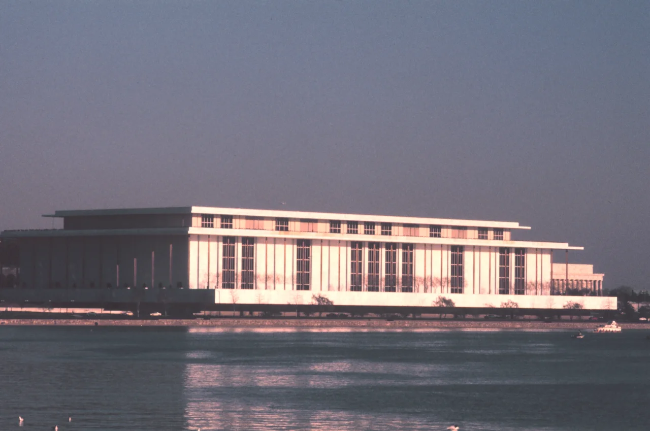 A late afternoon shot of the John F. Kennedy Center for the Performing Arts in Washington, D.C. as seen from the Potomac River.