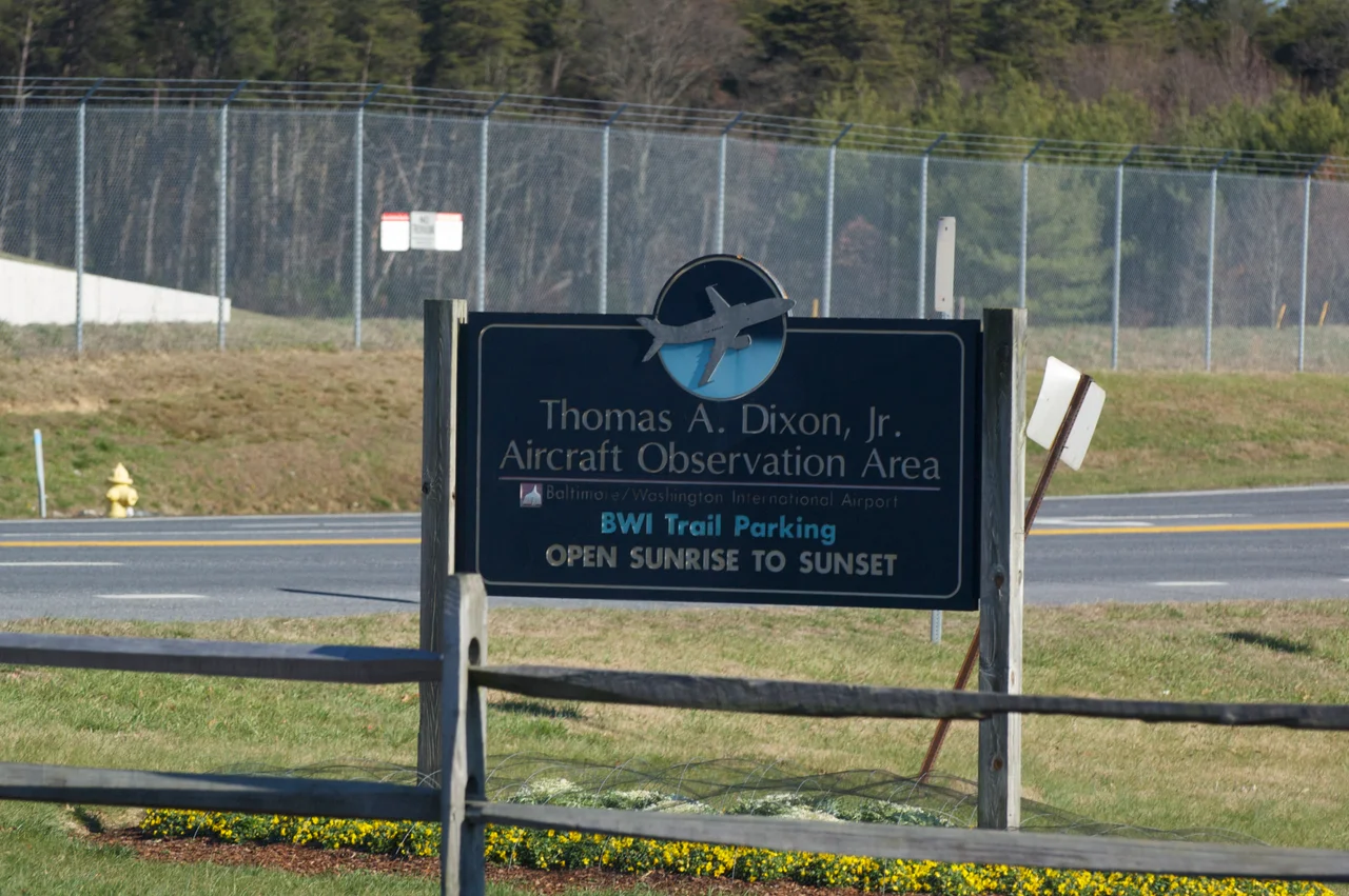 Sign at the park right outside BWI airport indicating the area is the Thomas A Dixon, Jr. Aircraft Observation Area