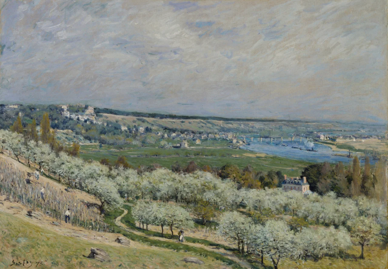 In this panoramic view of the Seine River valley near the town of St.-Germain-en-Laye, Sisley captures the atmosphere and light conditions associated with early spring. On the heights in the distance, he includes the old château that housed the French royal court until 1682, but he also inserts some notes of modernity, including the steam tugs hauling barges on the river and the railroad bridge.
Sisley was born in France of English parents. While enrolled in Charles Gleyre's studio in Paris, he and his fellow students, Claude Monet, Auguste Renoir, and Frédéric Bazille, began to paint outdoors in the Fontainebleau forest. In 1874, he showed five paintings in the first Impressionist exhibition. Of all the Impressionists, he and Monet would remain the most consistent landscape painters.