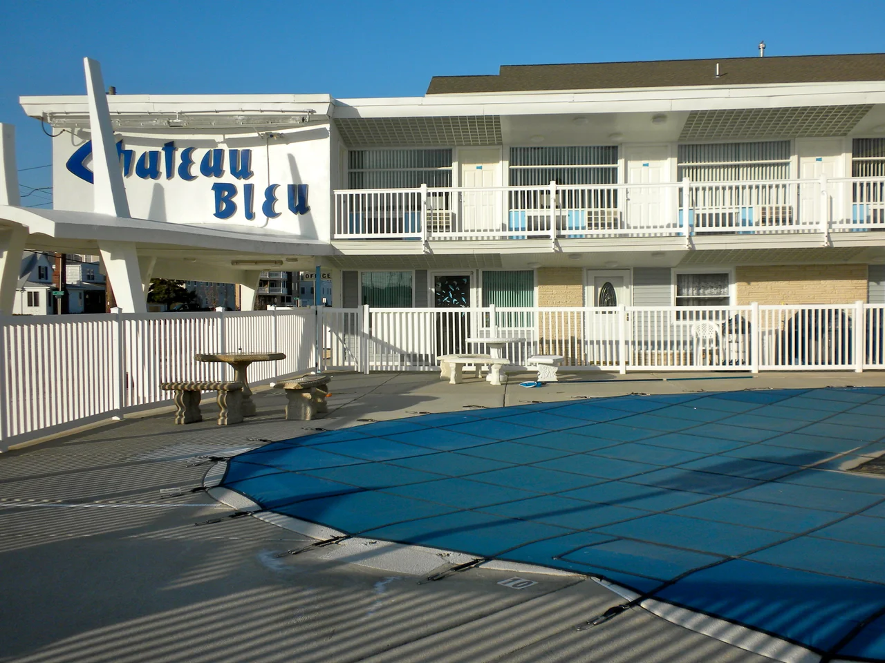 Chateau Bleu Motel on NRHP since March 25, 2004. At 911 Surf Ave., North Wildwood, New Jersey in Cape May County. In a distinctive modern style in a popular beach resort. See also "Caribbean Motel" for a nearby motel with a similar style.