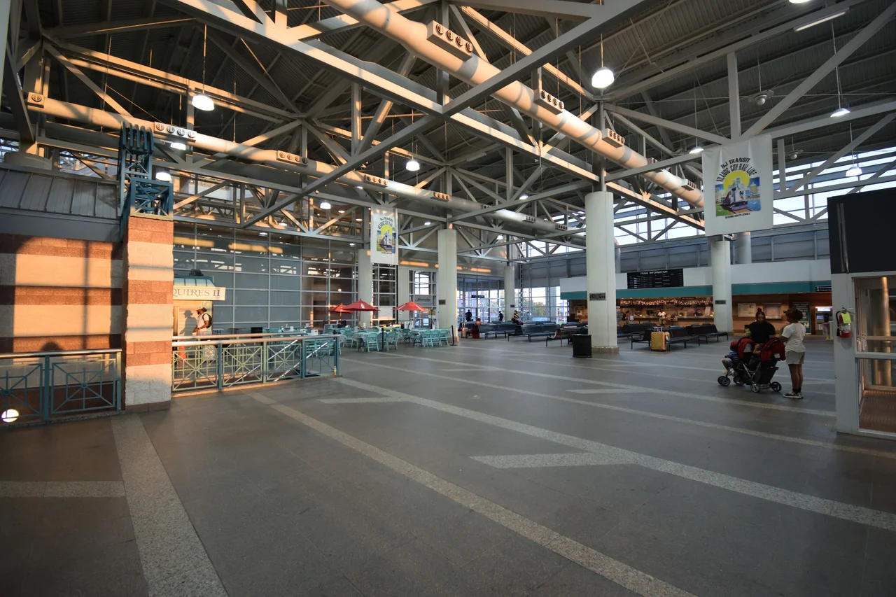 The waiting area of the Atlantic City Rail Terminal at sunset