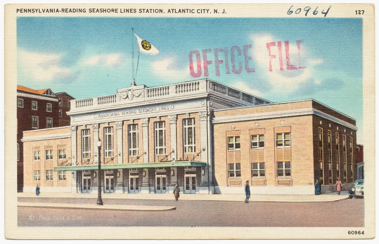 File name: 06_10_010708
Title: Pennsylvania-Reading Seashore Lines Station, Atlantic City, N. J.
Date issued: 1930 - 1945 (approximate)
Physical description: 1 print (postcard) : linen texture, color ; 3 1/2 x 5 1/2 in.
Genre: Postcards
Subject: Railroad stations
Notes: Title from item.
Collection: The Tichnor Brothers Collection
Location: Boston Public Library, Print Department
Rights: No known restrictions