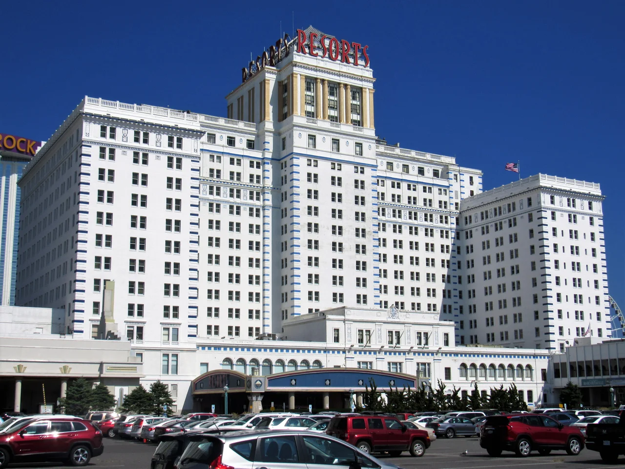 Resorts Atlantic City hotel towers from the boardwalk.
