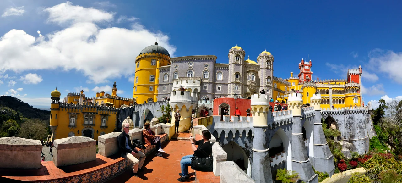 Pena Palace in Sintra, Portugal. Panoramic view from close to structure.