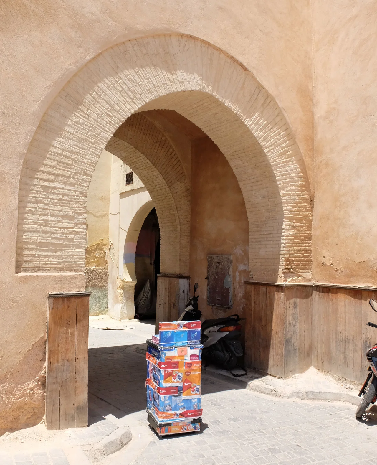 The old original gate of Bab Bou Jeloud, still extant next to the modern "Blue" Gate of Bab Bou Jeloud, Fes. The gate has a bent entrance, visible here, which turns several times and passes through different sections.
