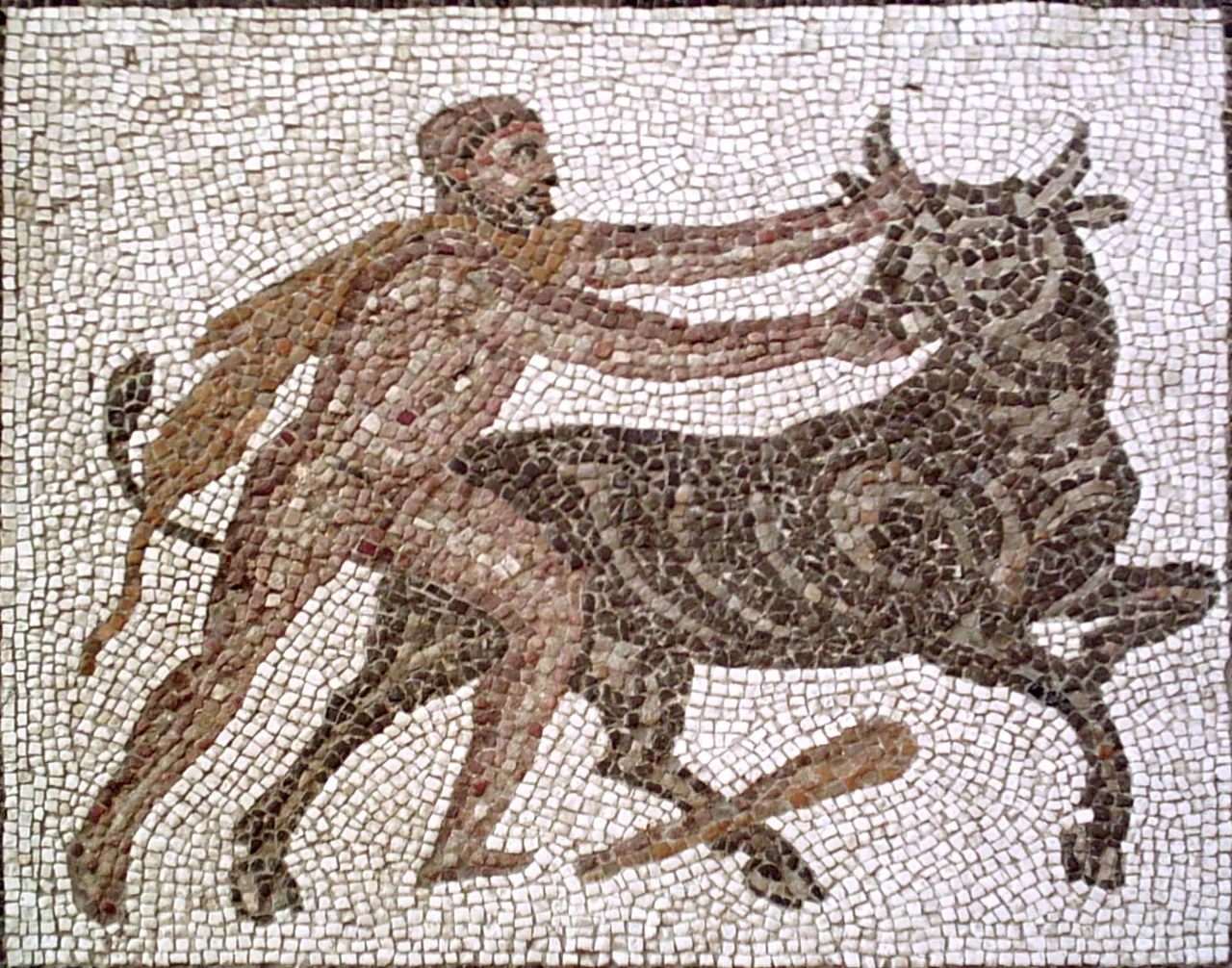 Hercules capturing the Cretan Bull. Detail of The Twelve Labours Roman mosaic from Llíria (Valencia, Spain).