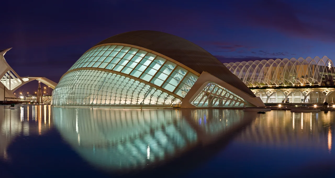 An ultrawide angle panoramic view along the inside of L'Umbracle, designed by renowned Spanish architect Santiago Calatrava, in the City of Arts and Sciences in Valencia, Spain.