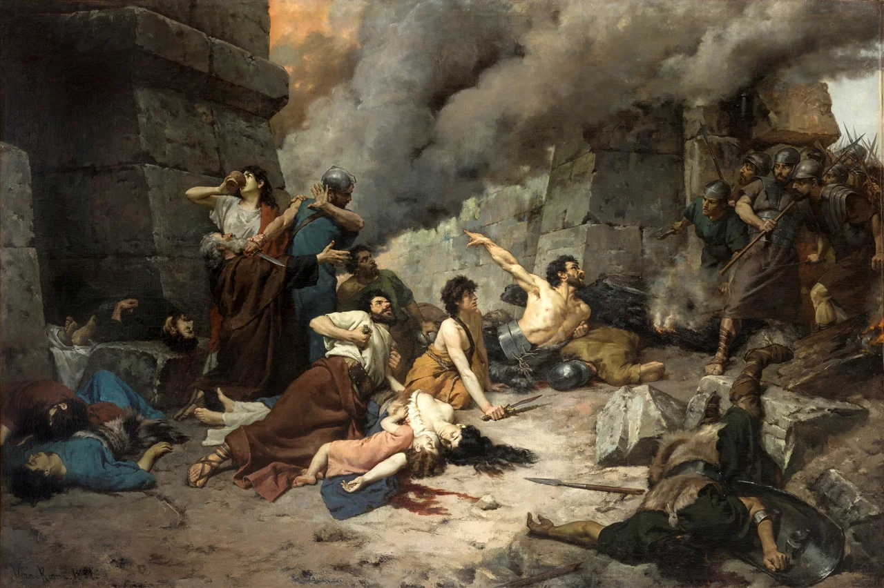 The work represents the moment when the last defenders of the Hispanic city of Numancia killed themselves in order to prevent them from being captured alive by the Romans, who in this work appear entering the city while the Numantinos commit suicide.
