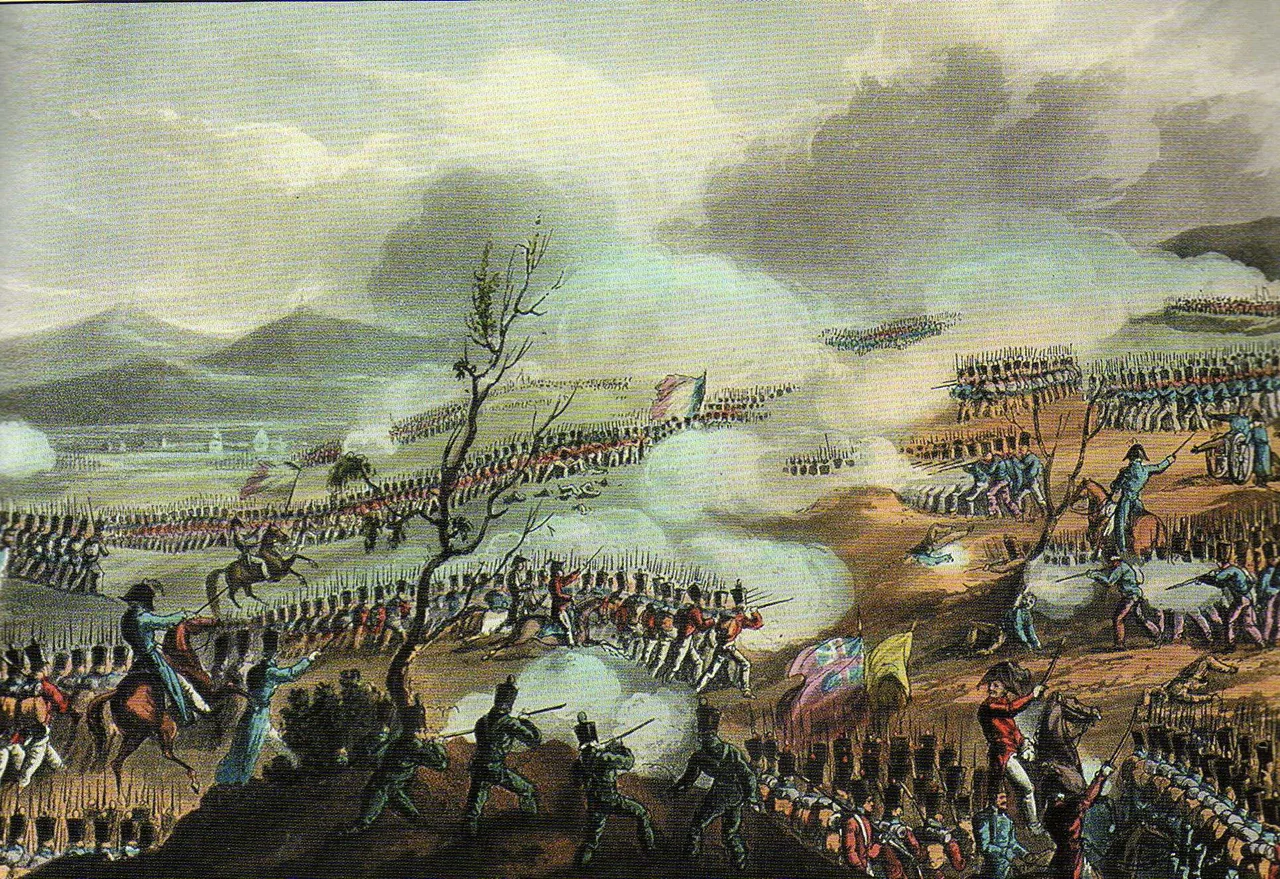 Gravure coloriée de la bataille de la Nivelle, livrée le 10 novembre 1813