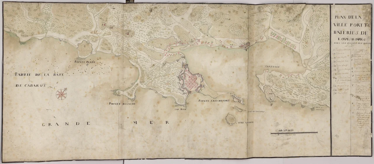 View of the English landing on the island of Cape Breton to attack the fortress of Louisbourg. 1745.