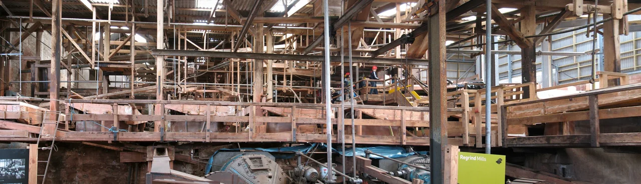 Panorama of part of the interior of the ore processing mill at Geevor Tin Mine, Cornwall, England.
