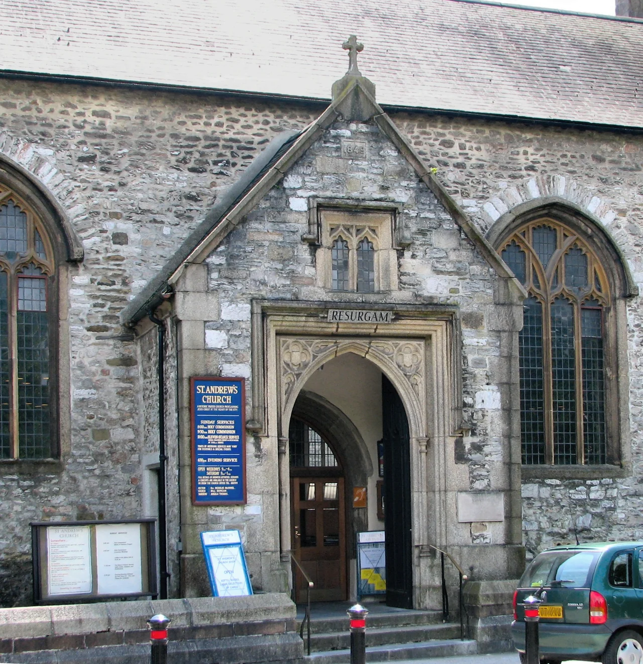 The Resurgam door of St. Andrew's Church, Plymouth, Devon, England.